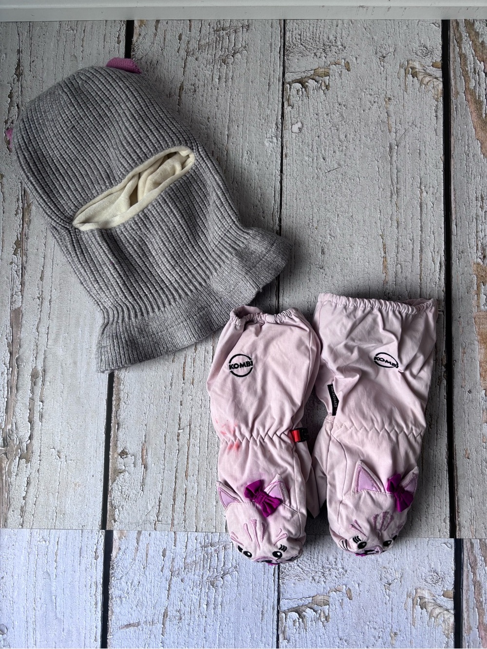 Grey Balaclava with Pink Kitten Ears, Kombi Mittens included Winter Bundle